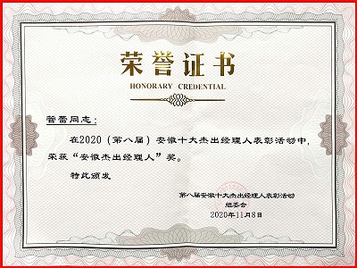 獲得安徽十大杰出經(jīng)理人榮譽證書